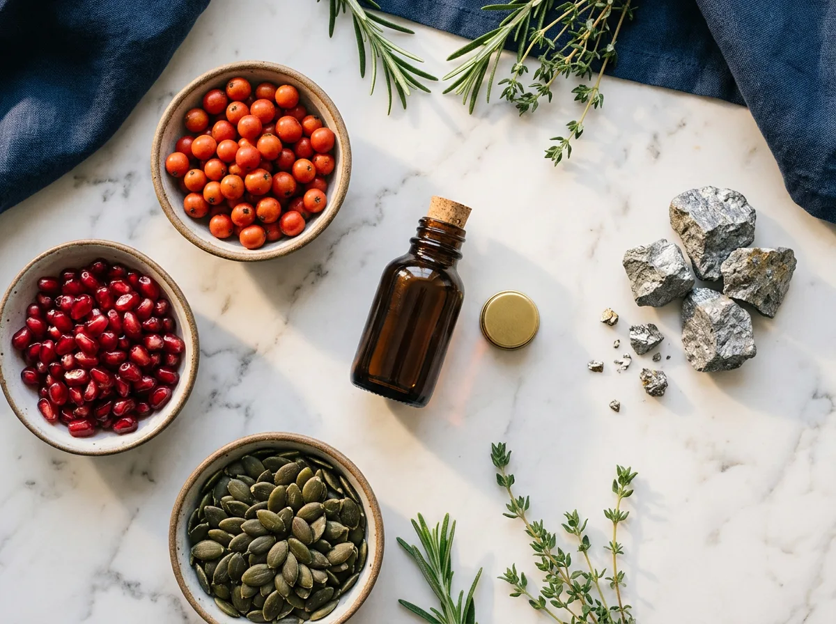 Saw palmetto bessen, granaatappelzaden, pompoenpitten en zink op marmeren ondergrond
