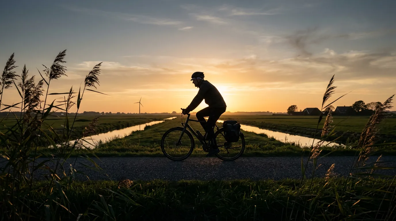 Silhouet van een oudere man op de fiets door hollands polderlandschap bij goudkleurig avondlicht